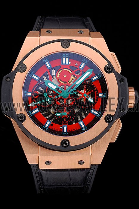 Swiss Hublot Big Bang Limited Edition Black And Red Dial Gold Case Black Leather Strap 62289