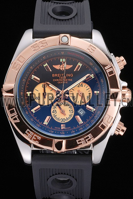 Breitling Chronomat Black Dial Rose Gold Bezel And Subdials Stainless Steel Case Black Rubber Strap