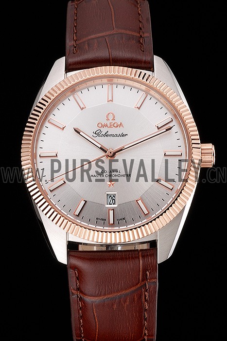 Omega Globemaster Silver Dial Rose Gold Bezel Stainless Steel Case Brown Leather Strap