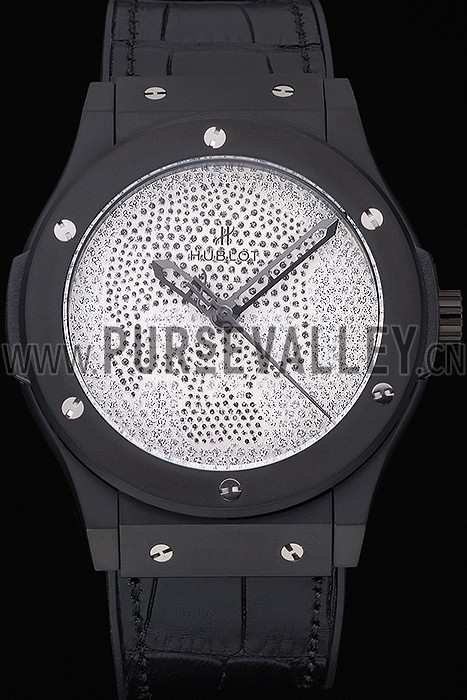 Hublot Classic Fusion Diamond Skull Dial Black Steel Case Black Leather Strap 622815
