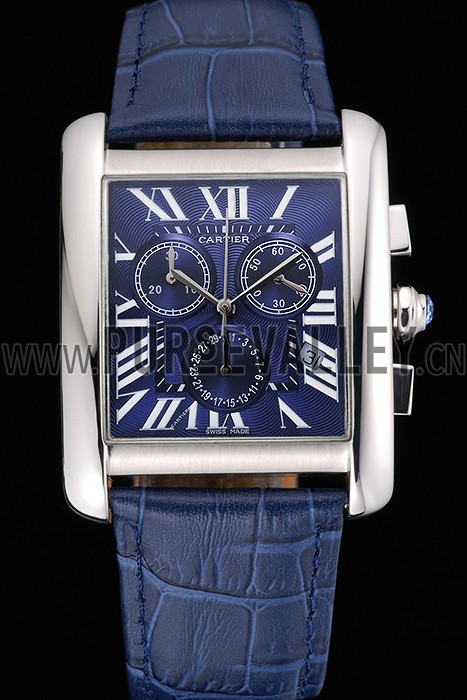 Cartier Tank MC Blue Dial Stainless Steel Case Blue Leather Bracelet 622691