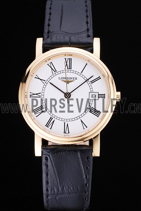 Longines La Grande Classique Round White Dial Gold Case Black Leather Band 622382