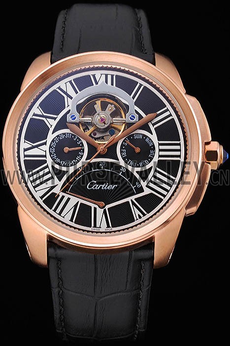 Cartier Calibre Tourbillon Black Dial Gold Case Black Leather Strap 622754