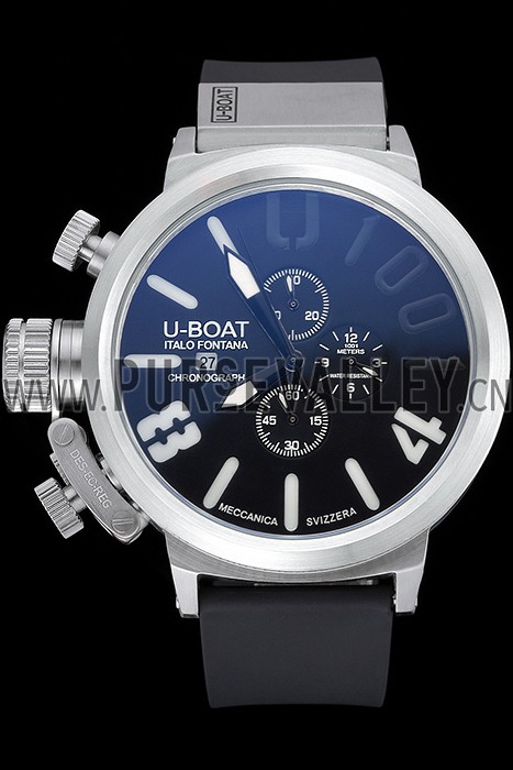 U-Boat 1001 White On Black Dial Stainless Steel Case Rubber Bracelet 622706