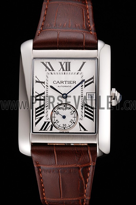 Swiss Cartier Tank MC White Dial Stainless Steel Case Brown Leather Strap