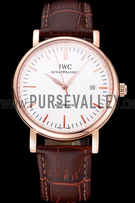 Swiss IWC Portofino Gold Case White Dial Brown Leather Bracelet 622668