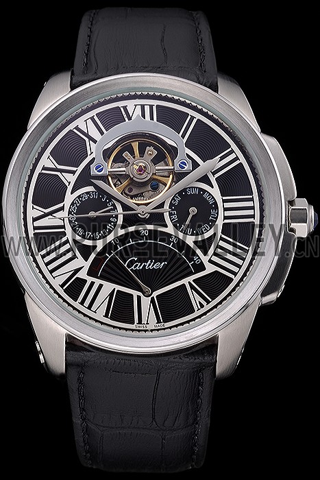 Cartier Calibre Tourbillon Black Dial Stainless Steel Case Black Leather Strap 622752