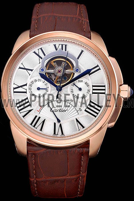Cartier Calibre Tourbillon White Dial Gold Case Brown Leather Strap 622753