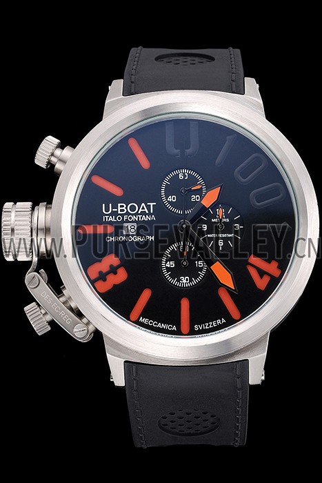 U-Boat 1001 Orange On Black Dial Stainless Steel Case Rubber Bracelet 622716