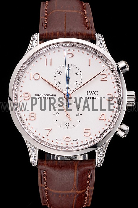 IWC Portugieser Chronograph White Dial Rose Gold Hands And Numerals Steel Case With Diamonds Brown Leather Strap