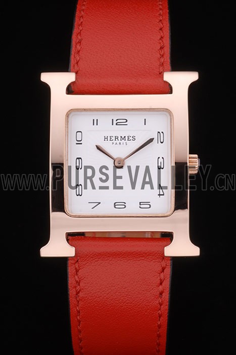 Hermes Heure H Rose Gold Bezel Red Leather Strap White Dial 80233