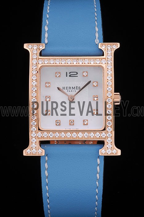 Hermes Heure H Rose Gold Diamond Encrusted Bezel Blue Leather Strap White Dial 80238