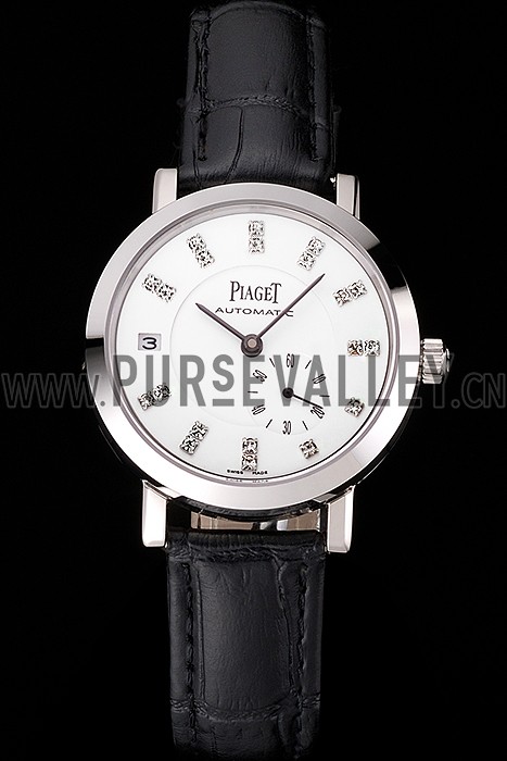 Swiss Piaget Altiplano Date Automatic White Dial Diamond Markers Stainless Steel Case Black Leather Strap