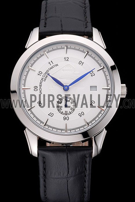Vacheron Constantin Traditionnelle White Ship Dial Stainless Steel Case Black Leather Strap