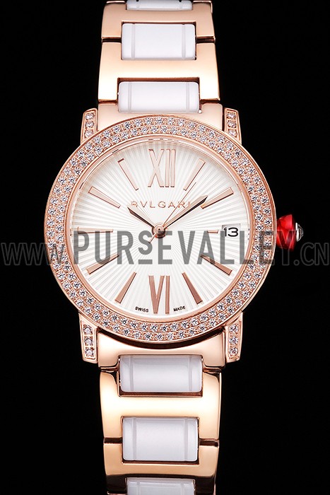 Bvlgari Bvlgari White Guilloche Dial Roman Numerals Gold Case Diamond Bezel Two Tone Bracelet