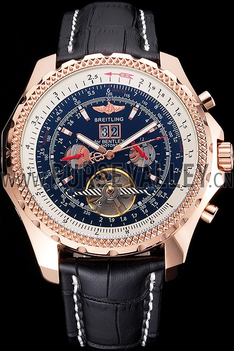 Breitling For Bentley Mulliner Tourbillon Black Dial Rose Gold Case Black Leather Strap