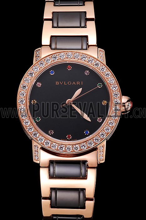 Bvlgari Bvlgari Black Dial Jewel Hourmarks Gold Case Diamond Bezel Two Tone Bracelet