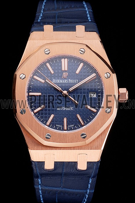 Swiss Audemars Piguet Royal Oak Blue Dial Gold Case Blue Leather Strap