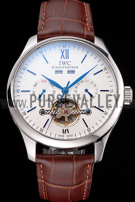 IWC Portofino Tourbillon White Dial Blue Markings Stainless Steel Case Brown Leather Strap