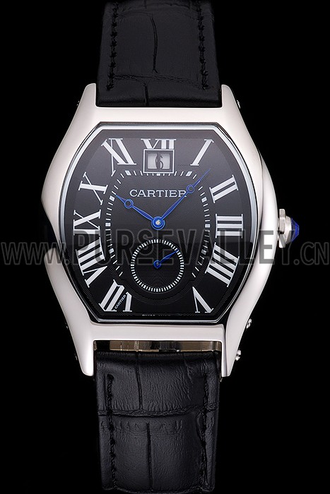 Cartier Tortue Large Date Black Dial Stainless Steel Case Black Leather Strap