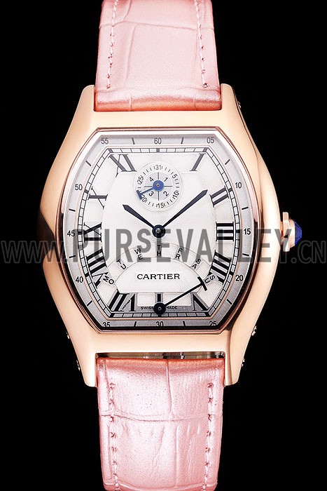 Cartier Tortue Perpetual Calendar White Dial Gold Case Pink Leather Strap