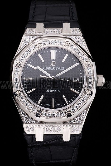 Swiss Audemars Piguet Royal Oak Black Dial Steel Case With Diamonds Black Leather Strap