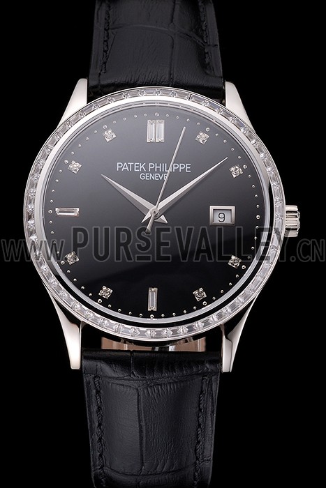 Swiss Patek Philippe Calatrava Black Dial Diamond Bezel Stainless Steel Case Black Leather Strap