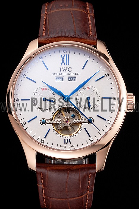 IWC Portofino Tourbillon White Dial Blue Markings Rose Gold Case Brown Leather Strap