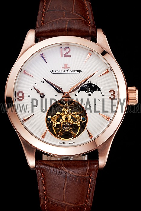 Jaeger LeCoultre Master Moonphase Tourbillon White Dial Rose Gold Case Brown Leather Strap
