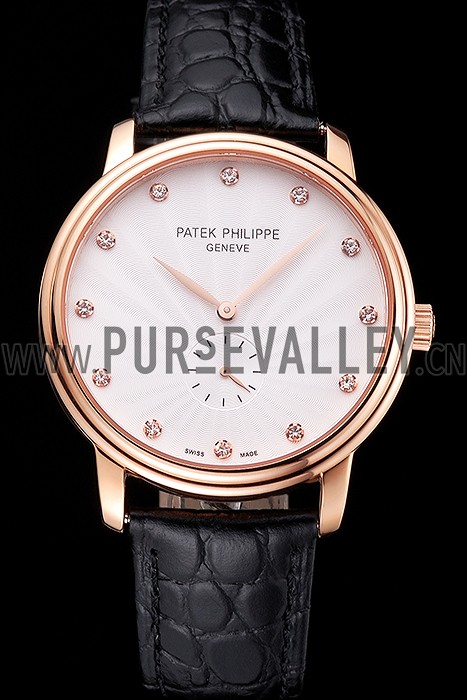 Patek Philippe Calatrava White Guilloche Dial Rose Gold Case Black Leather Strap