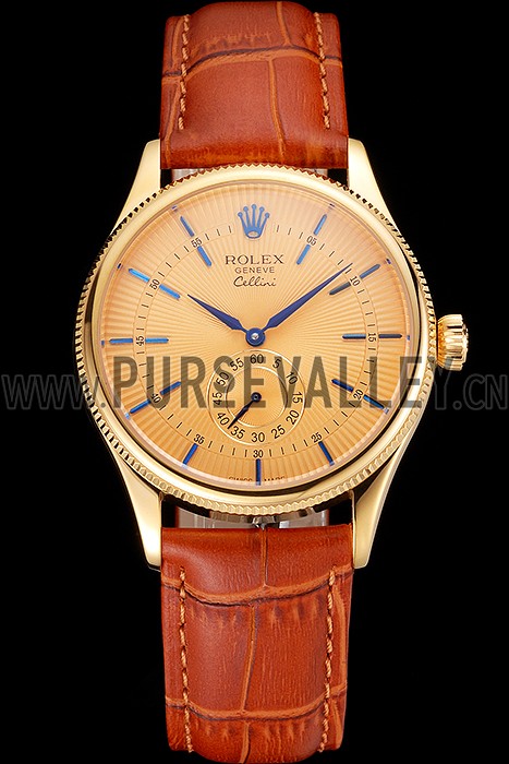Swiss Rolex Cellini Gold Dial Blue Markings Gold Case Light Brown Leather Strap
