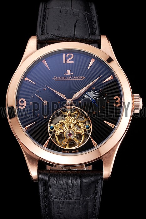 Jaeger LeCoultre Master Moonphase Tourbillon Black Dial Rose Gold Case Black Leather Strap