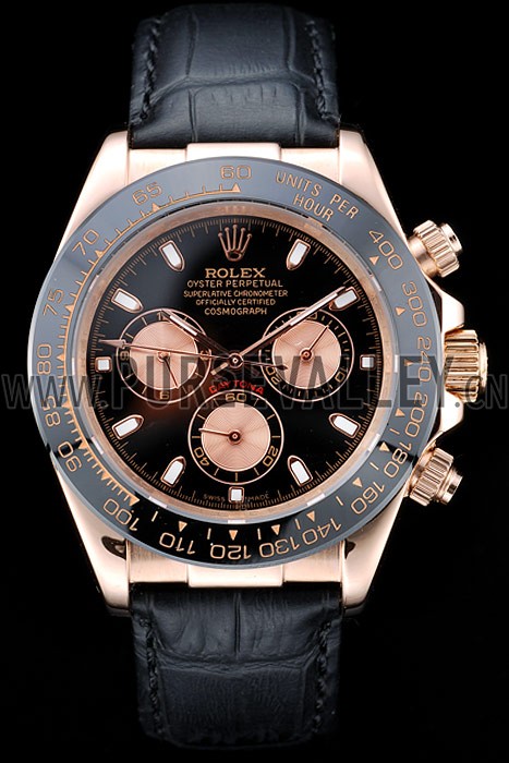 Rolex Daytona Rose Gold Case Black Dial Black Leather Strap