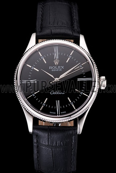 Swiss Rolex Cellini Black Dial Roman Numerals Stainless Steel Case Black Leather Strap
