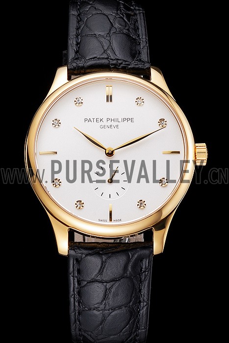 Patek Philippe Calatrava White Dial Diamond Markings Gold Case Black Leather Strap
