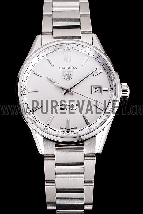 Swiss Tag Heuer Carrera Calibre 5 Silver Dial Stainless Steel Case And Bracelet