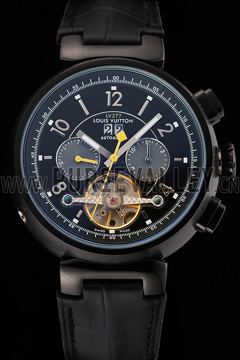 Louis Vuitton Tambour LV277 Tourbillon Black Dial Black PVD Case Black Leather Strap
