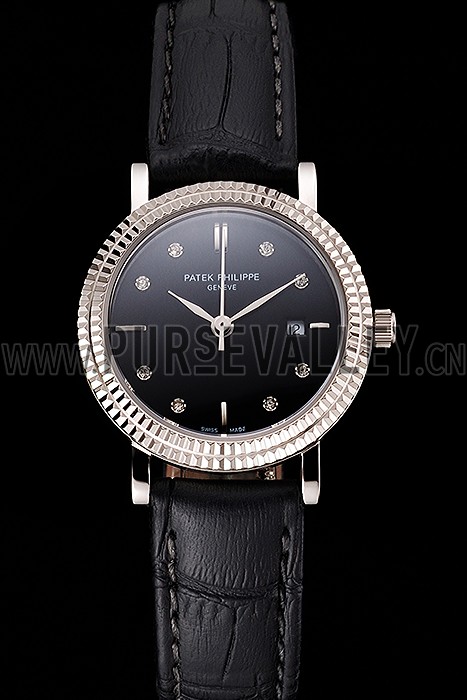 Patek Philippe Calatrava Black Dial Diamond Hour Marks Double Ribbed Bezel Stainless Steel Case Black Leather Strap