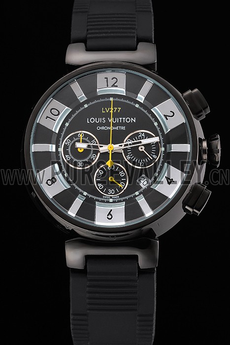 Louis Vuitton Tambour In Black Chronograph Black Dial Black Case Black Rubber Strap