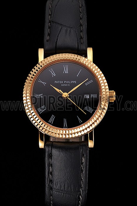 Patek Philippe Calatrava Black Dial Roman Numerals Double Ribbed Bezel Gold Case Black Leather Strap