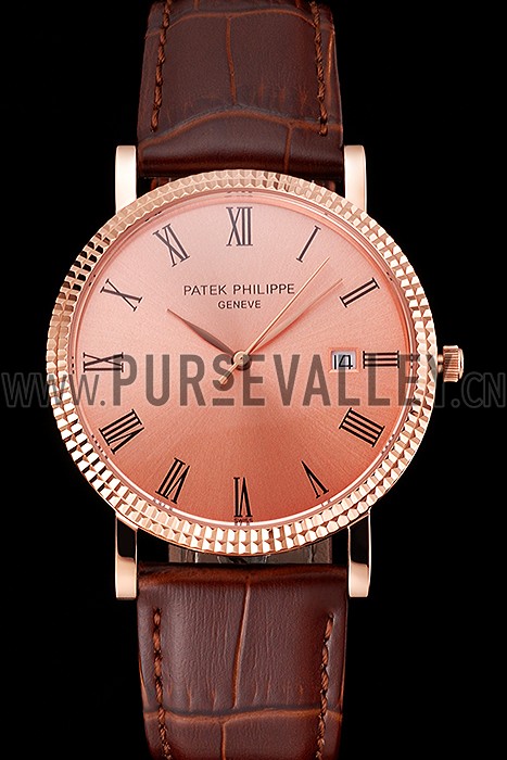 Patek Philippe Calatrava Rose Gold Dial Roman Numerals Ribbed Bezel Rose Gold Case Brown Leather Strap
