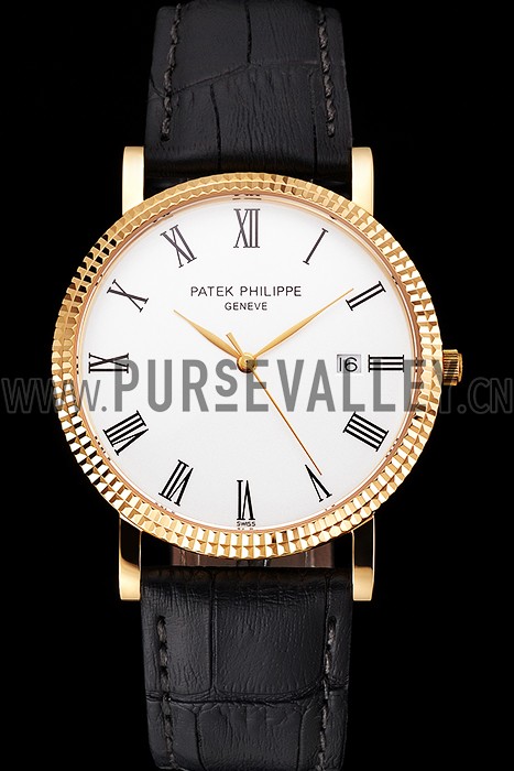 Patek Philippe Calatrava White Dial Roman Numerals Ribbed Bezel Gold Case Black Leather Strap