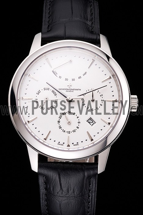 Swiss Vacheron Constantin Traditionnelle Power Reserve White Dial Stainless Steel Case Black Leather Strap