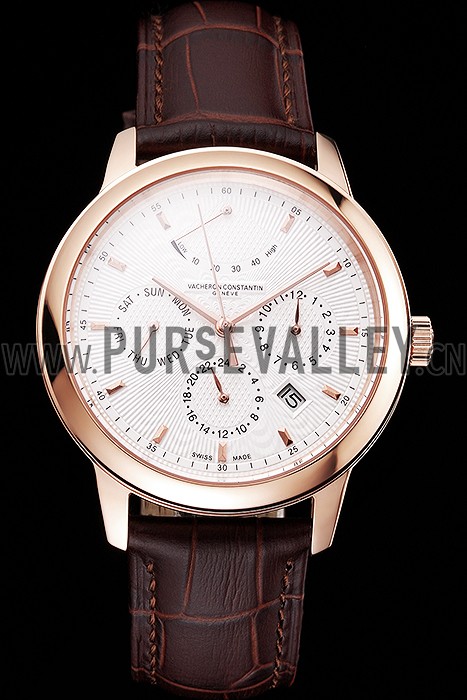 Swiss Vacheron Constantin Traditionnelle Power Reserve White Dial Rose Gold Case Brown Leather Strap