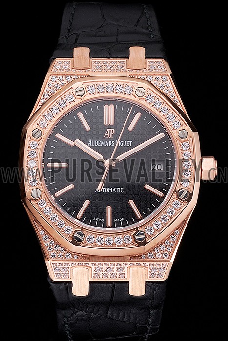 Swiss Audemars Piguet Royal Oak Black Dial Gold Case With Diamonds Black Leather Strap