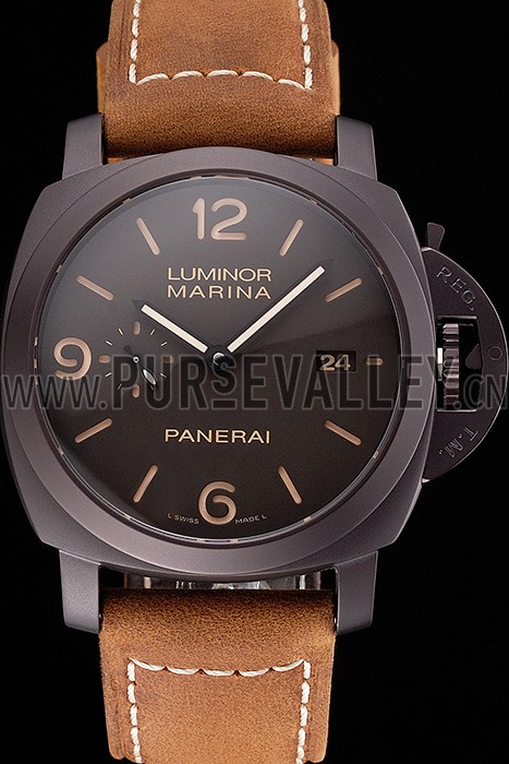 Swiss Panerai Luminor Marina 1950 3 Days Brown Dial Black Case Brown Leather Strap