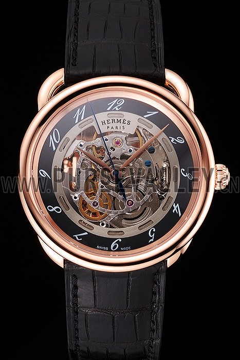 Swiss Hermes Arceau Skeleton Black Dial Brown Hands Rose Gold Case Black Leather Strap
