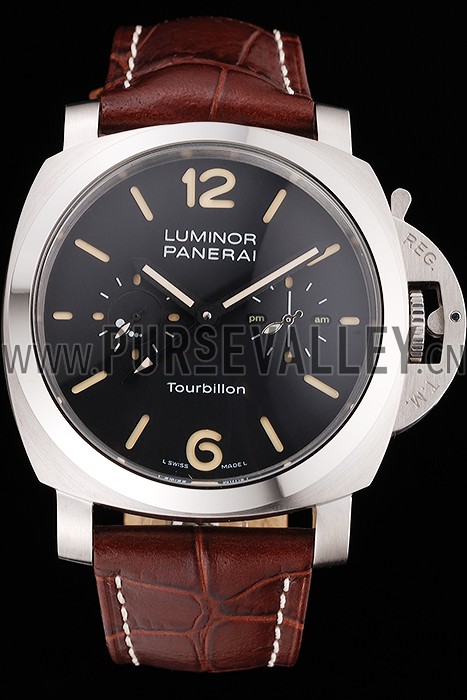 Panerai Luminor 1950 Tourbillon GMT Black Dial Stainless Steel Case Brown Leather Strap