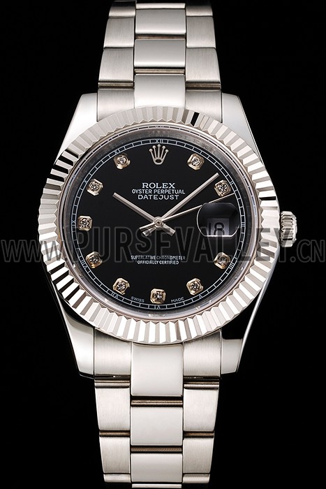 Swiss Rolex Datejust Black Dial Dimond Hour Marks Stainless Steel Case And Bracelet
