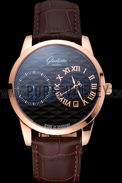 Glashutte Original Black Dial Rose Gold Case Brown Leather Strap